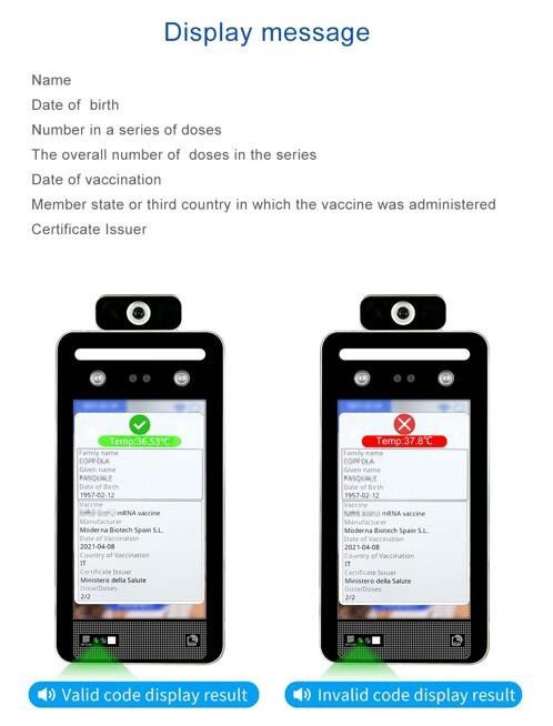 QR πράσινο πιστοποιητικό της ΕΕ DCC ανιχνευτών θερμοκρασίας αναγνώρισης προσώπου περασμάτων κώδικα